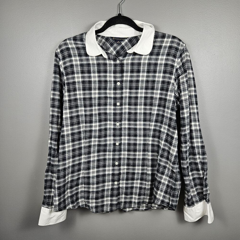 Brooks Brothers Contrast Collar Plaid Button Down Shirt Black White Size‎ 14
